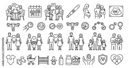 Cuadro en lienzo Pregnancy and family planning line icons, 35 fertility and maternity vector elem