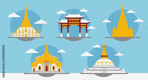 Set of Five Distinctive Flat Asian Temple Architecture Icons Illustrating Famous Historical Landmark Buildings and Cultural Heritage Sites