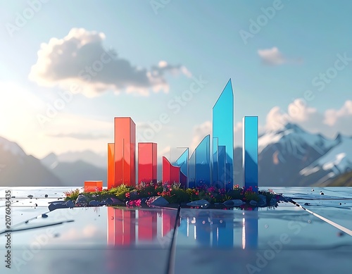 A futuristic cityscape on a small island with colorful skyscrapers