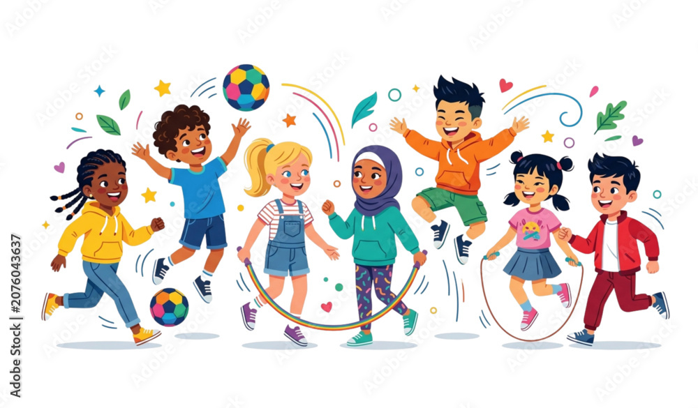 Fototapeta premium Diverse Children Playing Together Flat Vector Design