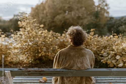 Young man sitting alone on a weathered park bench gazing at warm honey gold foliage for mindfulness and mental health imagery