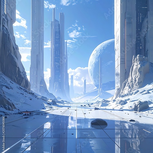 A futuristic cityscape on a snowy planet with sleek towers