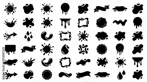 Schilderij op canvas Black Liquid Shape Icon Set with Fluid Blobs Splash Symbols and Organic Text Fra
