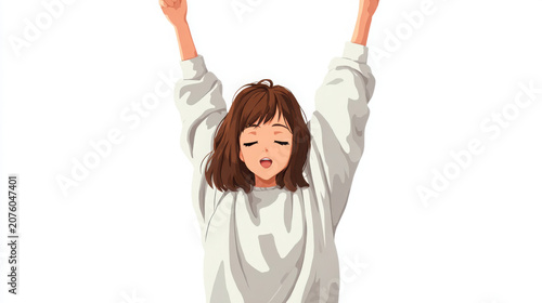 A cartoon woman with brown hair wearing a gray sweatshirt and isolated on white background