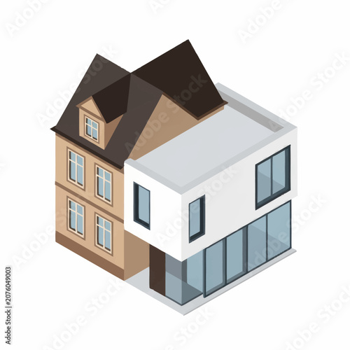 Modern isometric house with brown and white facade.
