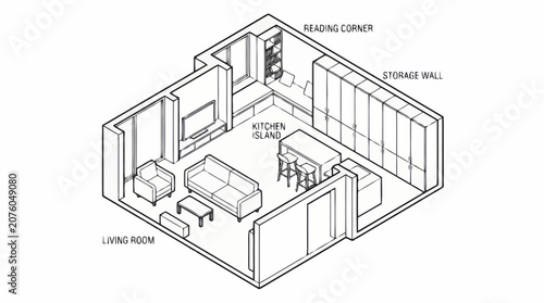 Modern minimalist apartment floor plan with furniture layout.