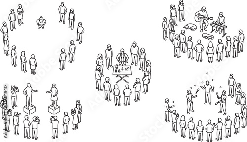 Isometric groups of people standing in circles for social gatherings and public events, black and white vector