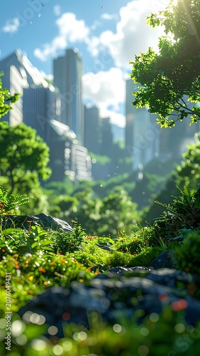 A futuristic cityscape overgrown with lush greenery and vibrant flora