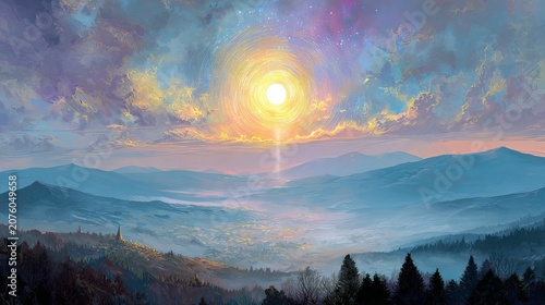Bright sun shining in clear blue sky with radiant summer sunshine