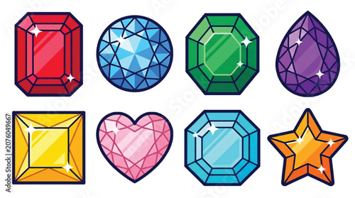 Bild auf Leinwand Colorful gemstone icons set, sparkling diamond and crystal vector collection, 8