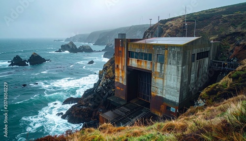 Scenic coastal bridge over crashing waves with lighthouse.