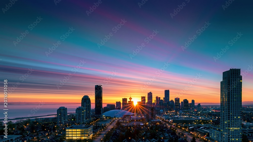 Fototapeta premium Serene sunrise over a city skyline with vibrant pastel gradient sky and glowing sunburst for morning travel and urban lifestyle concepts