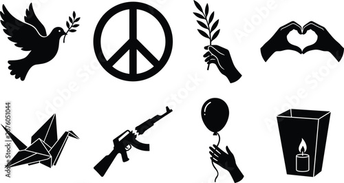 Fotografía Peace and Anti War Symbols Silhouette Set for Pacifism Harmony and Memorial Grap