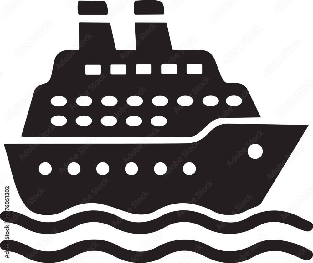Obraz premium Cruise Ship Icon - Black Ocean Liner Silhouette Vector on Waves