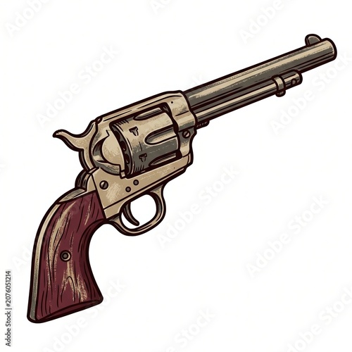 Old frontier gun clipart showing an elongated single action revolver with weathered brass frame, dark burgundy wooden handle, distressed ink texture, upward diagonal pose, and white isolation