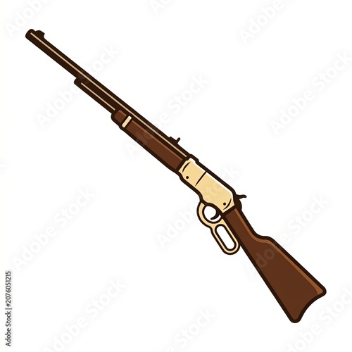Western gun clipart depicting a lever action rifle with slim dark barrel, polished brass receiver, brown wooden stock, smooth shading, strong outline, diagonal composition, and white background
