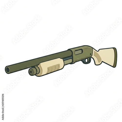 Minimal gun clipart of a pump action shotgun with olive barrel, pale cream foregrip and stock, clean flat shading, long horizontal silhouette, rounded outlines, and spacious white isolated background