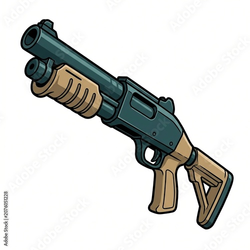 Modern tactical shotgun presented as bold gun clipart with deep teal metal body, sandy ribbed pump grip, angular skeletal stock, chunky black contour, dramatic upward angle, and crisp white isolation