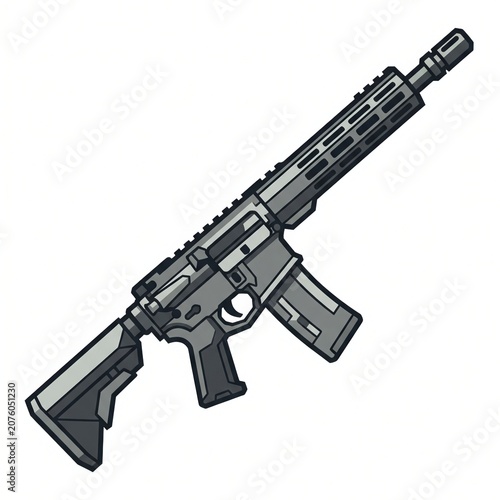Contemporary tactical rifle illustrated as gun clipart with graphite grey body, ventilated handguard, curved magazine, adjustable stock, geometric shading, diagonal stance, and pure white background