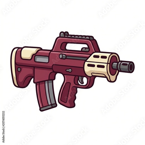 Futuristic gun clipart of a compact burgundy and cream rifle with integrated carry handle, cylindrical front housing, curved magazine, smooth cartoon highlights, bold outline, and white background