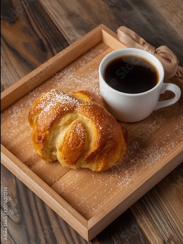 A golden-brown brioche bun sits on a wooden tray, lightly dusted with powdered sugar. Beside it, a white cup filled with black coffee. The tray rests on a wooden table.