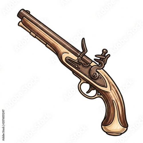 Antique flintlock pistol depicted as ornate gun clipart with warm walnut stock, aged brass lock plate, curved hammer, hand drawn ink contours, soft vintage shading, diagonal pose, and white isolation