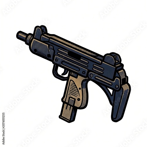 Retro halftone submachine gun clipart with compact navy receiver, tan textured grip, folding skeletal stock, dotted comic shading, thick outline, angled side view, and clean white background