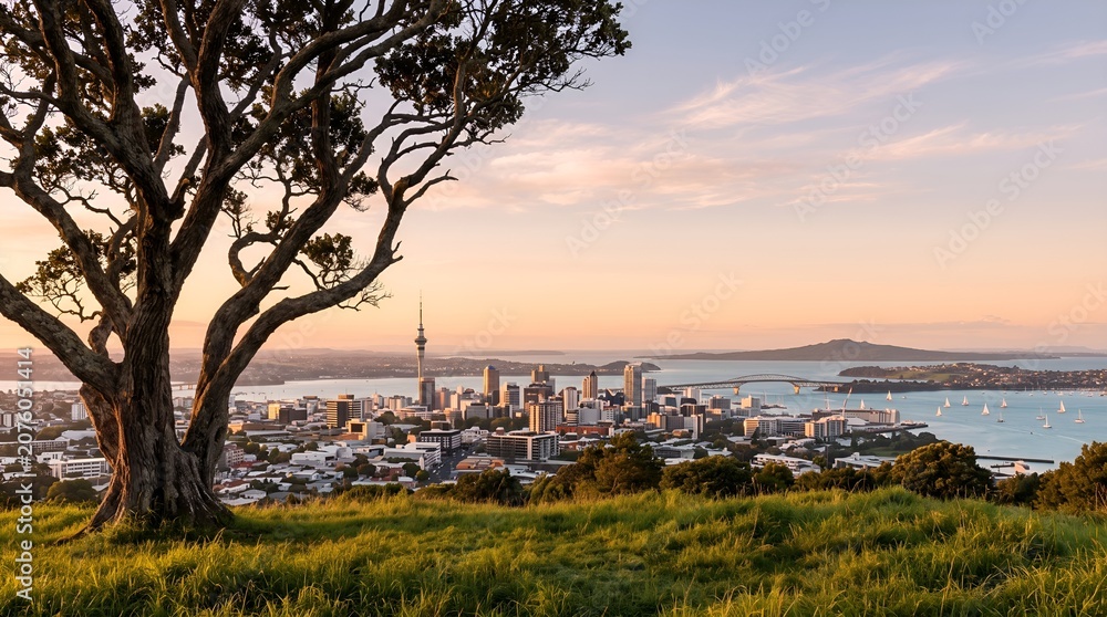 Obraz premium Auckland city skyline at sunset viewed from Mount Eden.