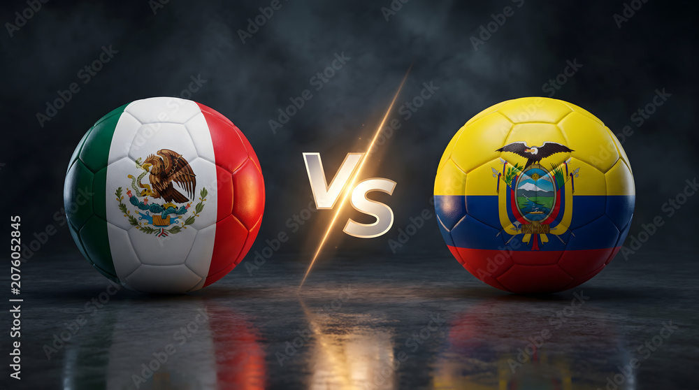Obraz premium Cinematic Versus Concept with Mexico and Ecuador Soccer Balls and VS Text on Dark Studio Background