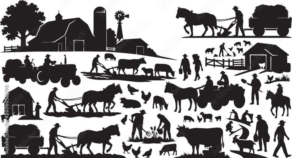 Obraz premium Farm, agriculture, rural life vector icons, 40 black silhouette illustrations, farming, countryside scenes