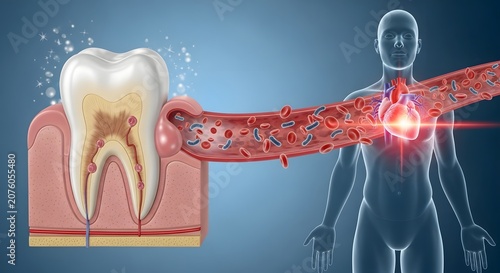 Dental infection linked to cardiovascular health risks. Periodontal disease and systemic inflammation. Illustration showing bacteria traveling from an infected tooth through bloodstream to the heart