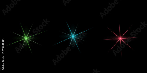 Fotografie Colorful light flare elements set with sharp radiating beams and sparkles for decorative background enhancement and visual design