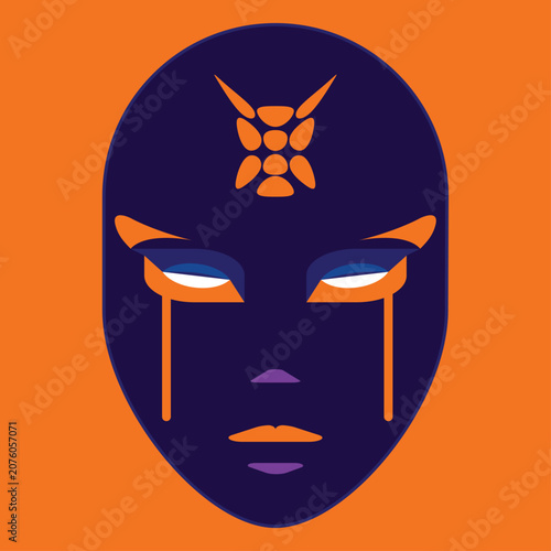 Minimal vector illustration of a stylized purple face mask with geometric details on an orange background.