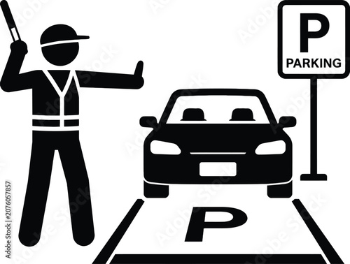 Parking Attendant Directing Vehicle Illustration, Parking Management Concept