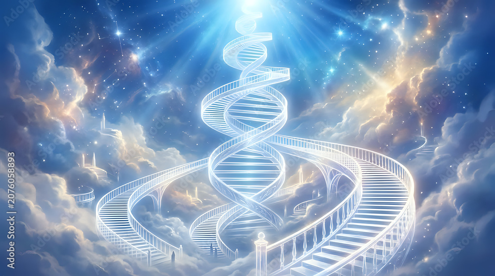 Obraz premium Surreal heavenly stairway leading to a giant glowing DNA helix in a cosmic sky with clouds