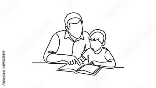 Continuous line drawing of a father teaching his young son to read a book.
