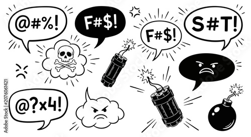 Obraz na plátně Cartoon Angry Faces Expressing Frustration with Curse Symbols and Bombs