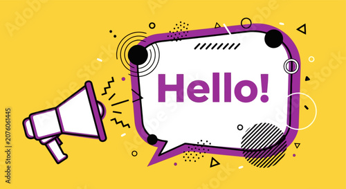 Fényképezés Megaphone with Hello Speech Bubble Announcement.
