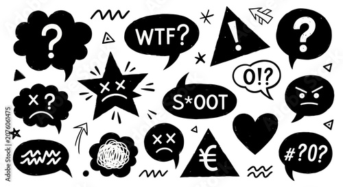 Foto Black and White Comic Style Doodles with Speech Bubbles and Expressive Symbols