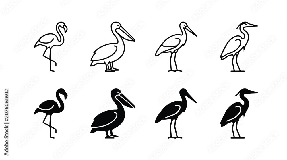 Fototapeta premium Minimalist water bird icon set, 8 vector illustrations of flamingo, pelican, stork and heron, black line art and solid silhouettes for logo design