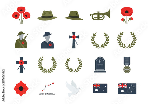 Bilde på lerret Remembrance Day Symbols. ANZAC Day Icons. Flat Vector Graphics.