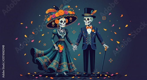 Dia de los Muertos Day of the Dead Catrina and Catrin Skeleton Couple Illustration