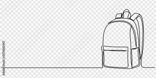 Minimalist line art of backpack with front pocket and zippered compartments. Non editable stroke, Continuous one line drawing backpack. Camping backpack vector hand drawn silhouette clipart. Sketch