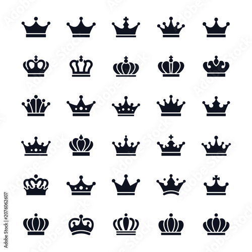 Cuadro en lienzo Collection of thirty different crown in black silhouette style isolated on a whi