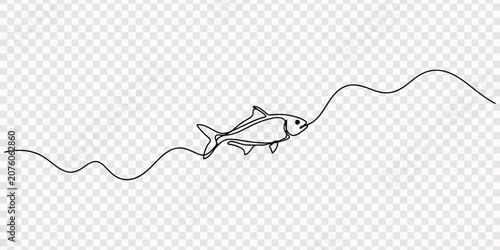 fish continuous one line drawing, Fresh salmon fish in continuous line art drawing isolated on white background. Fresh food concept, Simple one line drawing of a fish created with a single continuous
