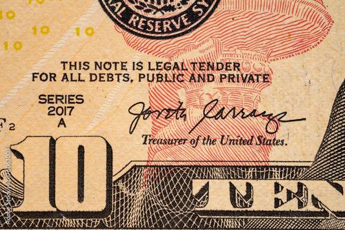 Schilderij op canvas Detail of a ten dollar bill showing the treasury signature in plain view