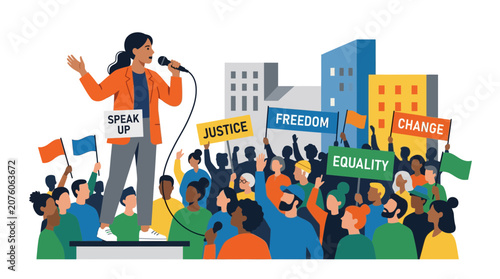 A diverse crowd gathers for a protest, holding signs advocating for justice, freedom, equality, and change, with a speaker addressing them.