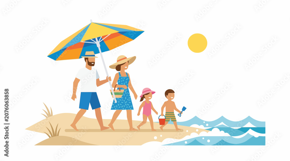 Fototapeta premium A family enjoys a sunny day at the beach, walking under an umbrella with their children carrying beach toys.