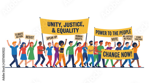 A diverse group of people march together holding banners and signs advocating for unity, justice, equality, and change.