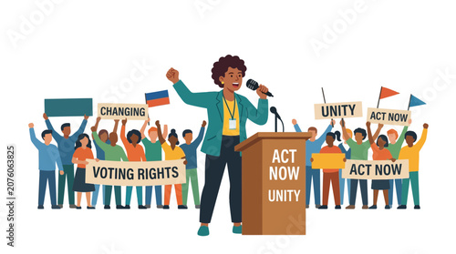 A diverse group of people rally behind a speaker at a podium, holding signs advocating for change and voting rights.